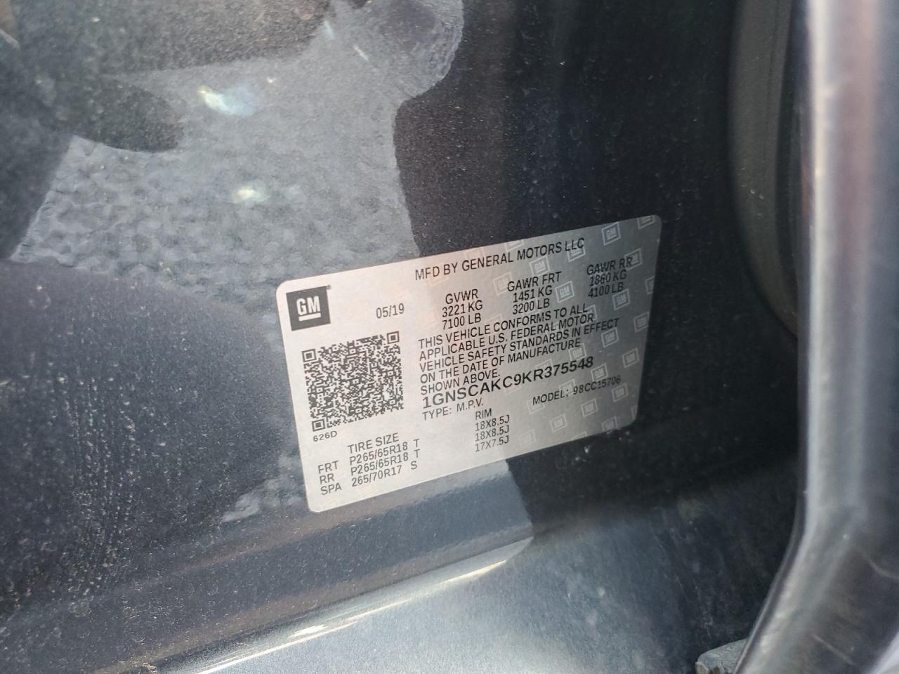 1GNSCAKC9KR375548 CHEVROLET TAHOE 2019