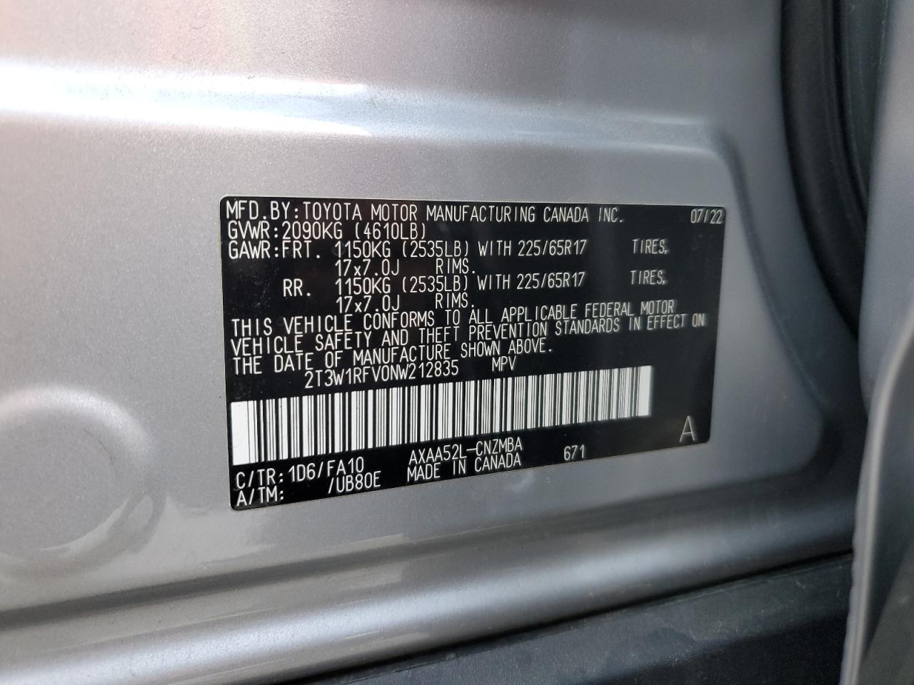 2022 Toyota Rav4 Xle VIN: 2T3W1RFV0NW212835 Lot: 54714195