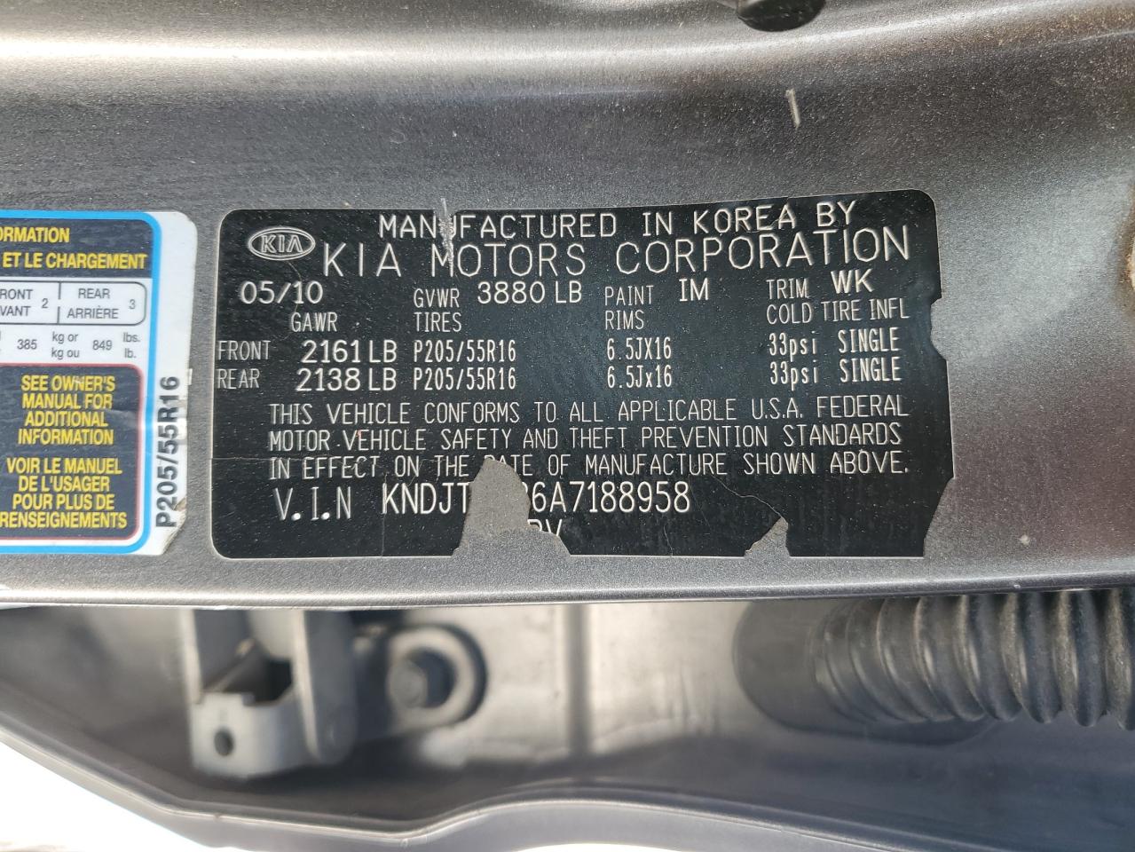 2010 Kia Soul + VIN: KNDJT2A26A7188958 Lot: 53738045