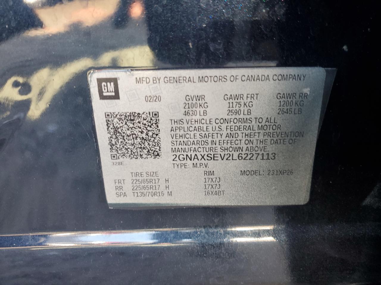 2GNAXSEV2L6227113 CHEVROLET EQUINOX 2020