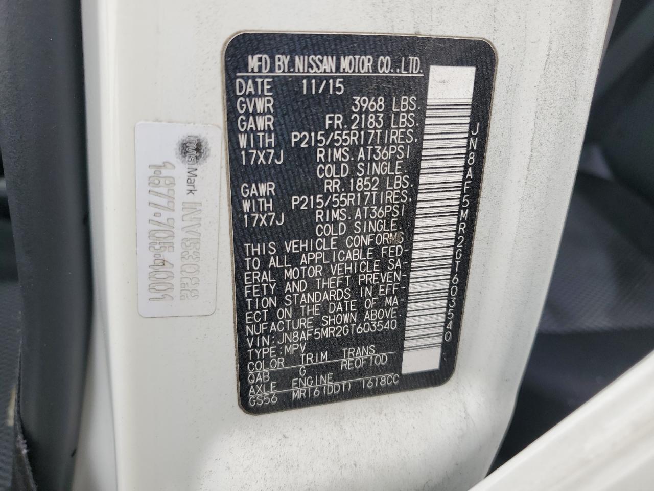 JN8AF5MR2GT603540 NISSAN JUKE 2016