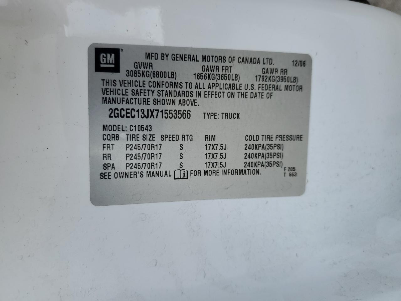 2007 Chevrolet Silverado C1500 Crew Cab VIN: 2GCEC13JX71553566 Lot: 53909035