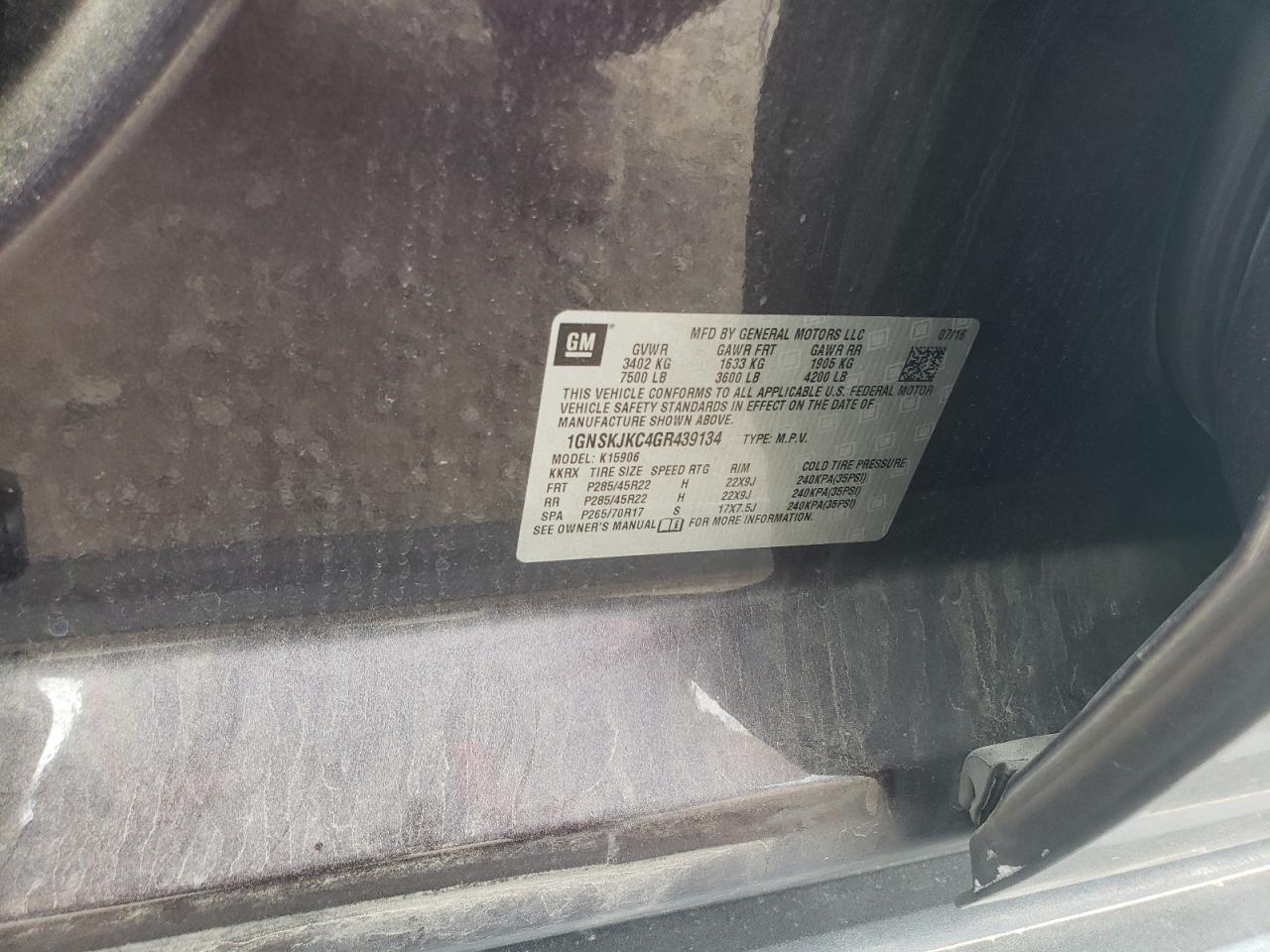 1GNSKJKC4GR439134 CHEVROLET SUBURBAN 2016