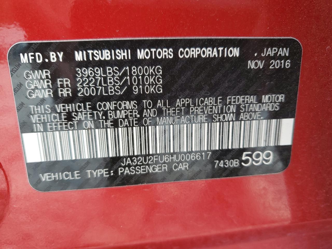 2017 Mitsubishi Lancer Es VIN: JA32U2FU6HU006617 Lot: 53949365