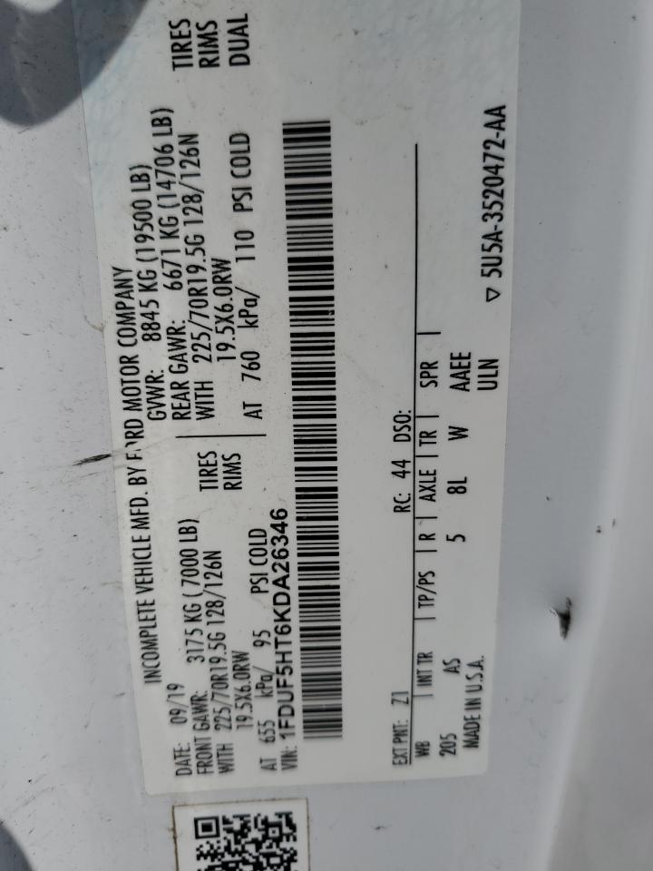 2019 Ford F550 Super Duty VIN: 1FDUF5HT6KDA26346 Lot: 54494585