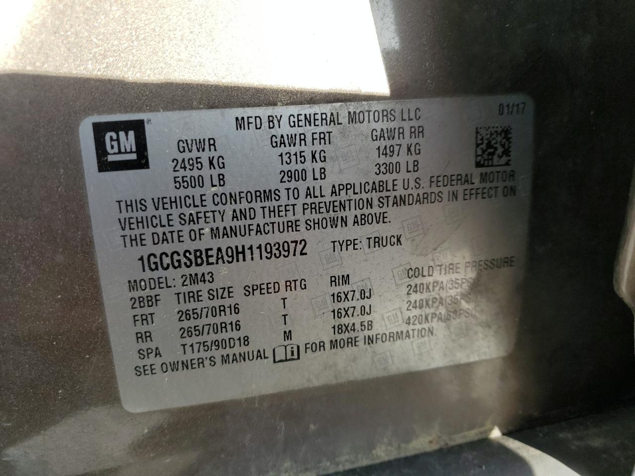 1GCGSBEA9H1193972 CHEVROLET COLORADO 2017