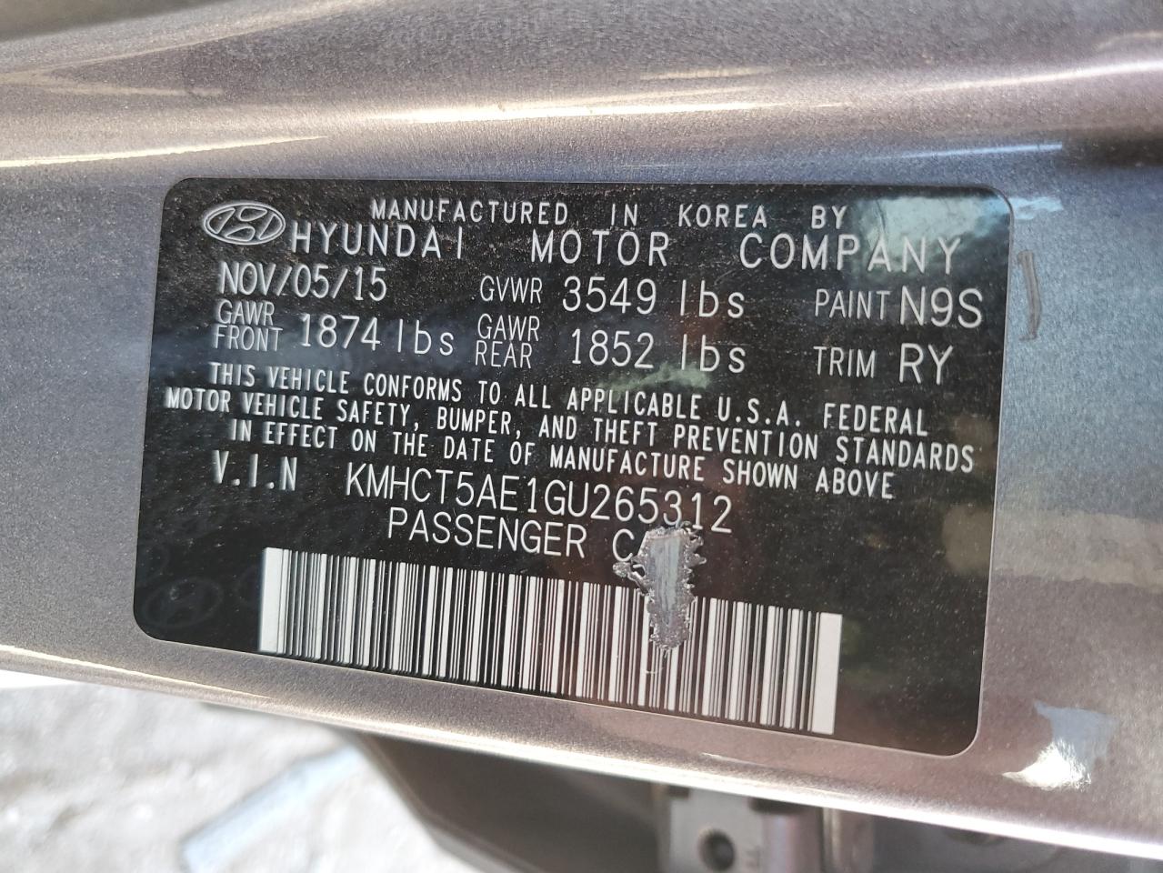 2016 Hyundai Accent Se VIN: KMHCT5AE1GU265312 Lot: 54752265