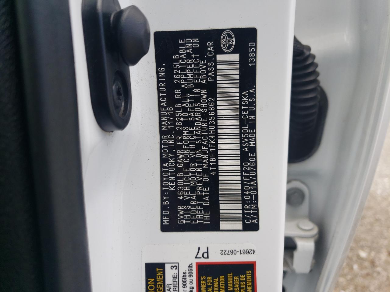 4T1BF1FK4HU356862 TOYOTA CAMRY 2017
