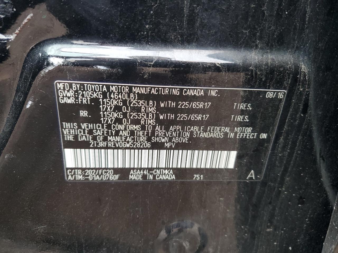 2t3rfrev0gw528206 2T3RFREV0GW528206 2016 Toyota Rav4 Xle