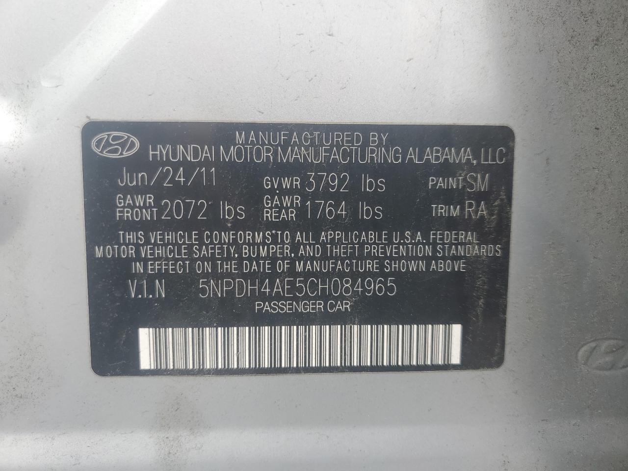 2012 Hyundai Elantra Gls VIN: 5NPDH4AE5CH084965 Lot: 54548785