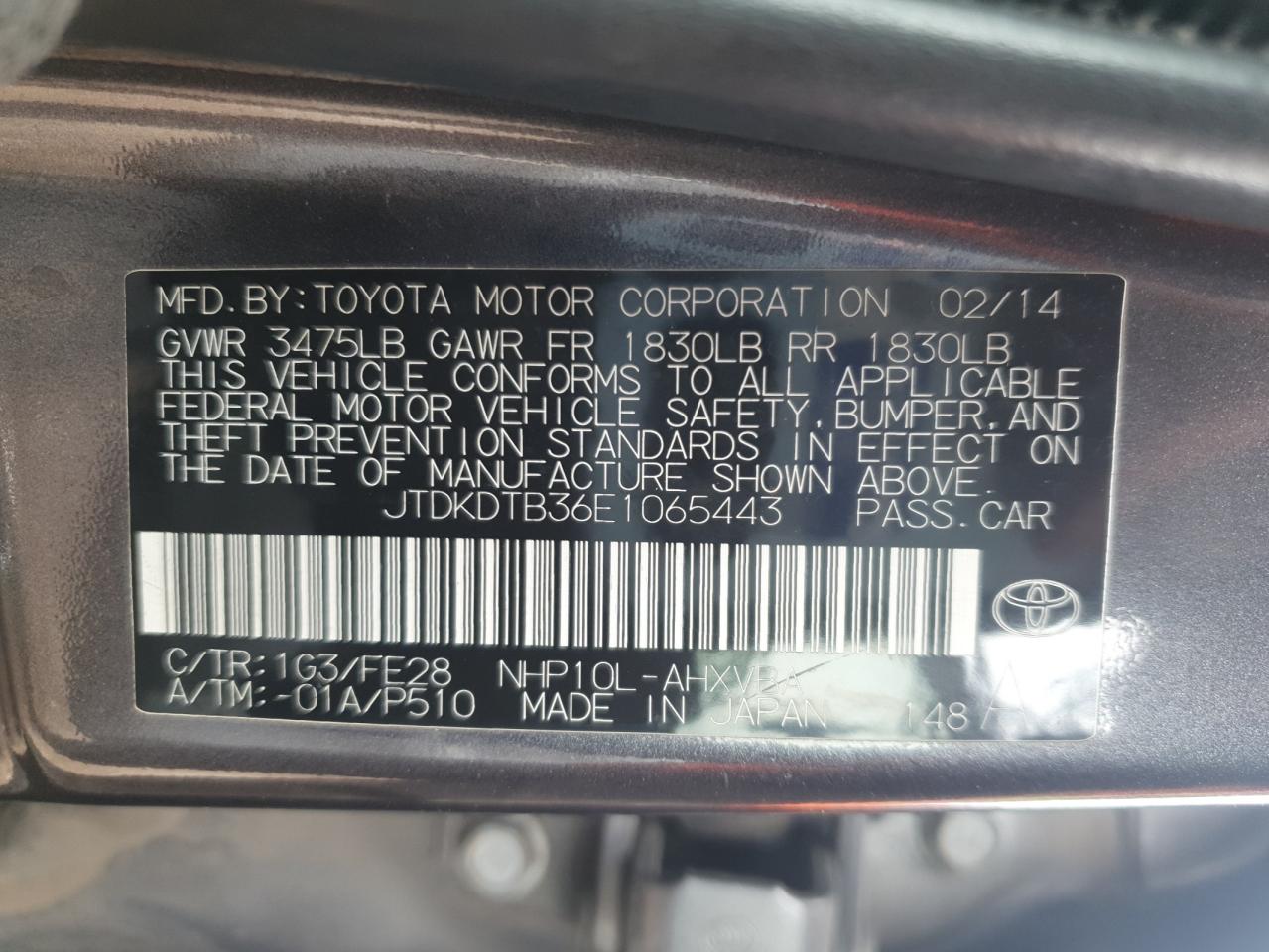 2014 Toyota Prius C VIN: JTDKDTB36E1065443 Lot: 54601155