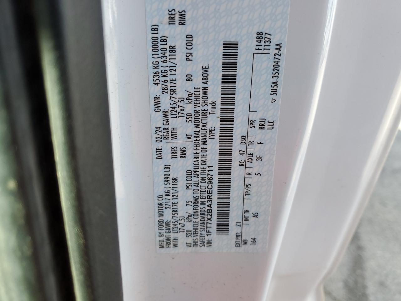 2024 Ford F250 Super Duty VIN: 1FT7X2BA3REC96711 Lot: 54481095