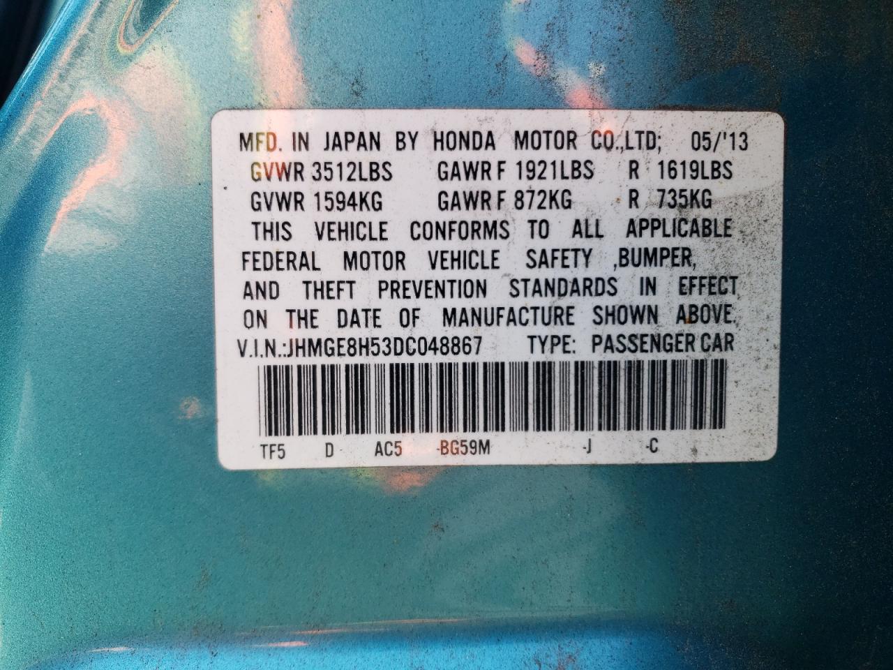 2013 Honda Fit Sport VIN: JHMGE8H53DC048867 Lot: 53933715