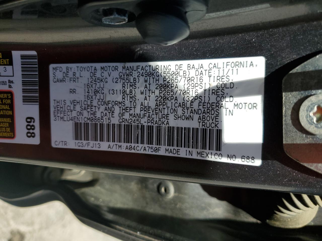 2012 Toyota Tacoma Double Cab VIN: 3TMLU4EN1CM086515 Lot: 53312015