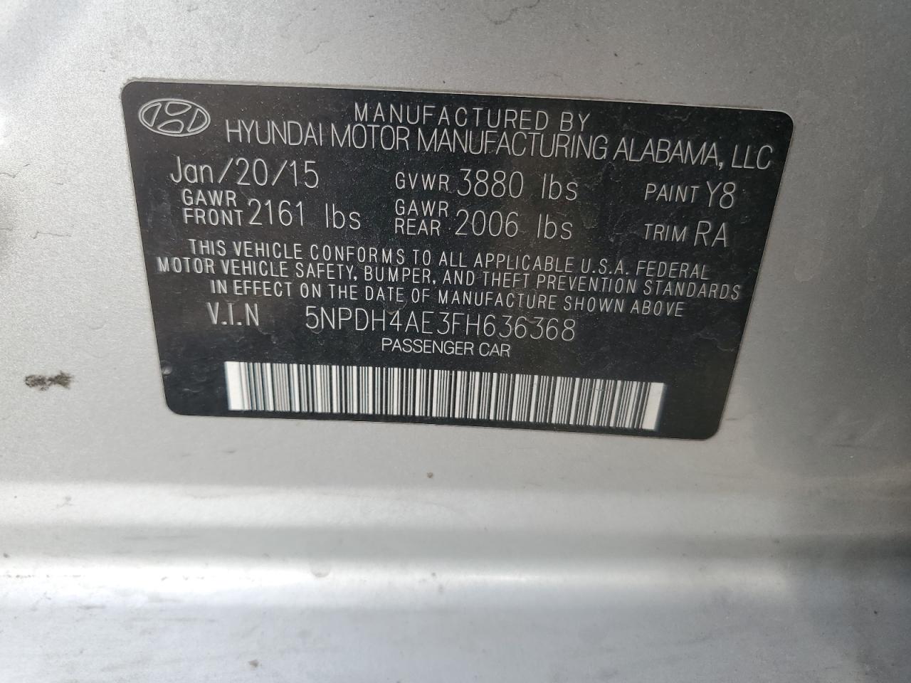 2015 Hyundai Elantra Se VIN: 5NPDH4AE3FH636368 Lot: 53670925