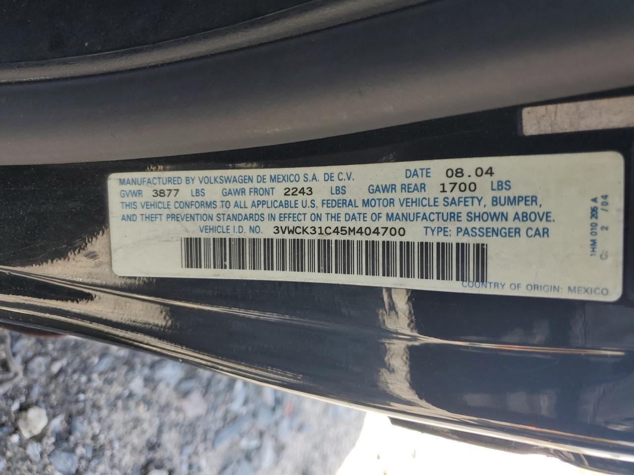 2005 Volkswagen New Beetle Gls VIN: 3VWCK31C45M404700 Lot: 52366175