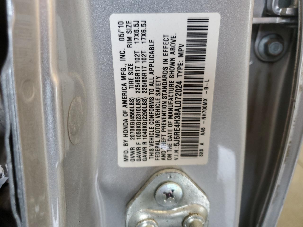 2010 Honda Cr-V Lx VIN: 5J6RE4H38AL072024 Lot: 53525215