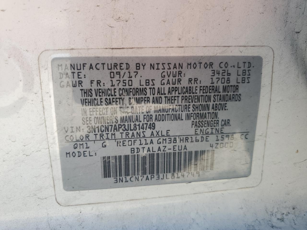 3N1CN7AP3JL814749 NISSAN VERSA 2018