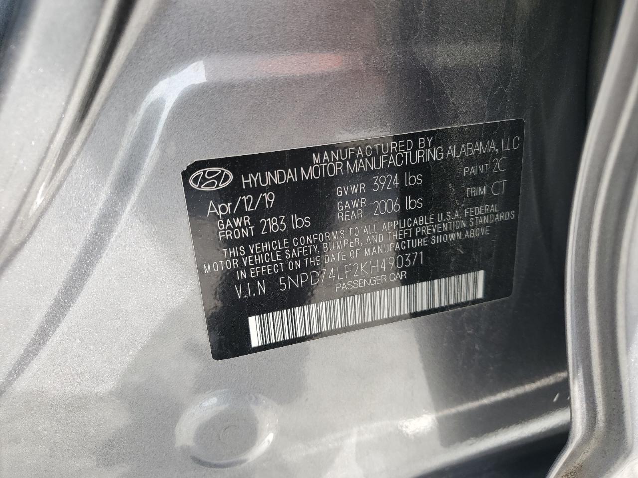 2019 Hyundai Elantra Se VIN: 5NPD74LF2KH490371 Lot: 45288105