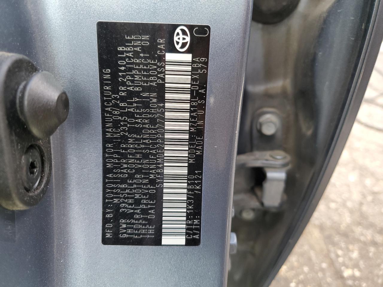 5YFB4MDE2PP077754 TOYOTA COROLLA 2023