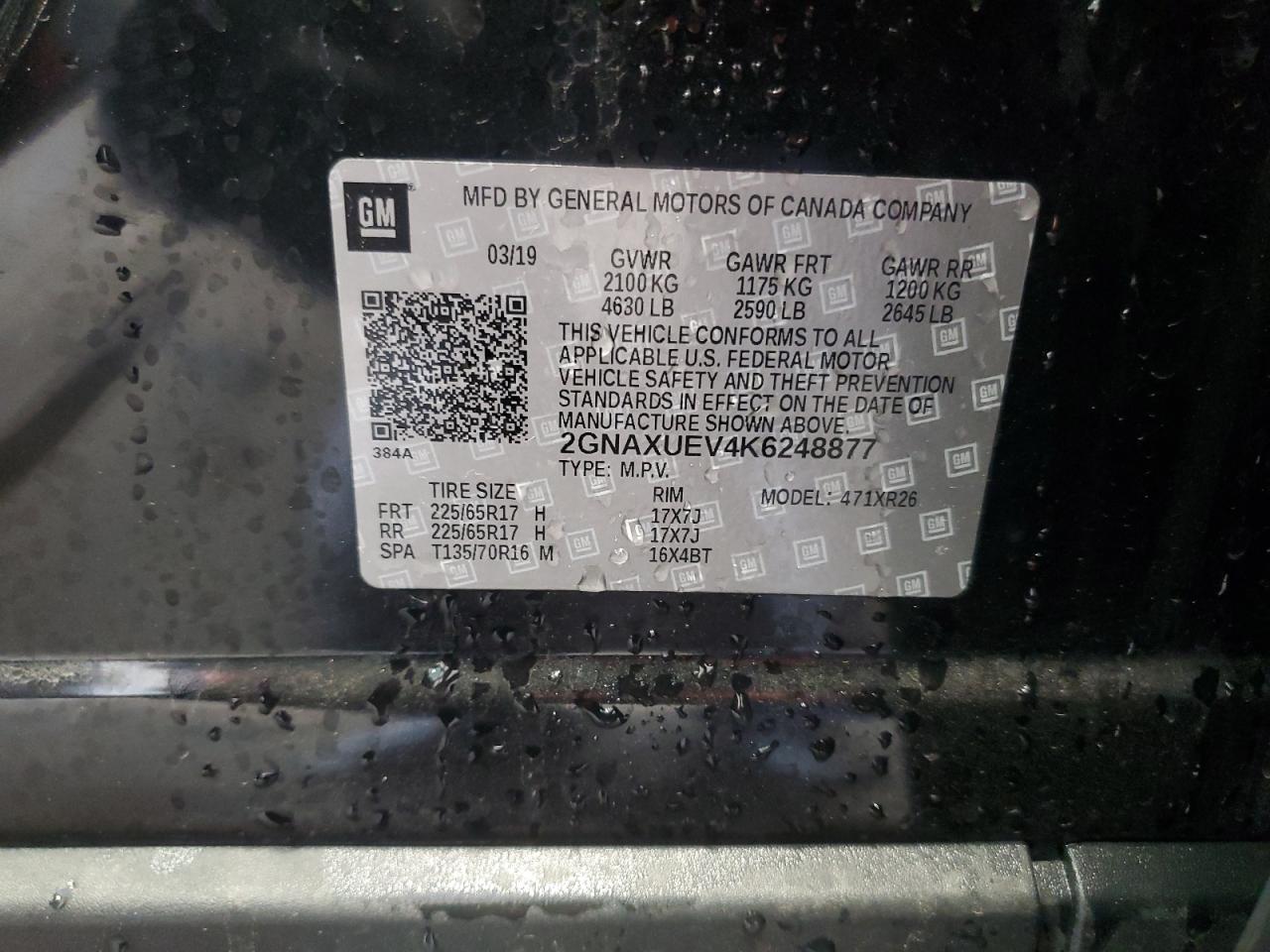 2019 Chevrolet Equinox Lt VIN: 2GNAXUEV4K6248877 Lot: 54494055