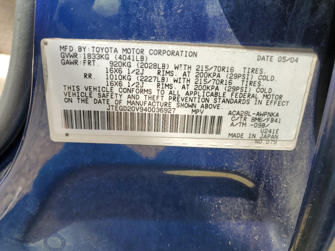 2004 Toyota Rav4 VIN: JTEGD20V940036927 Lot: 53096935