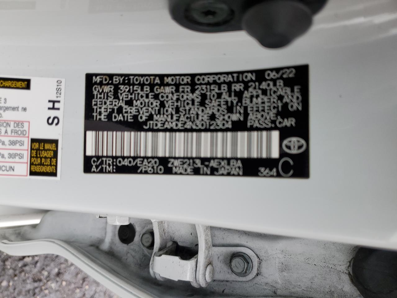 2022 Toyota Corolla Le VIN: JTDEAMDE4N3012304 Lot: 54435525