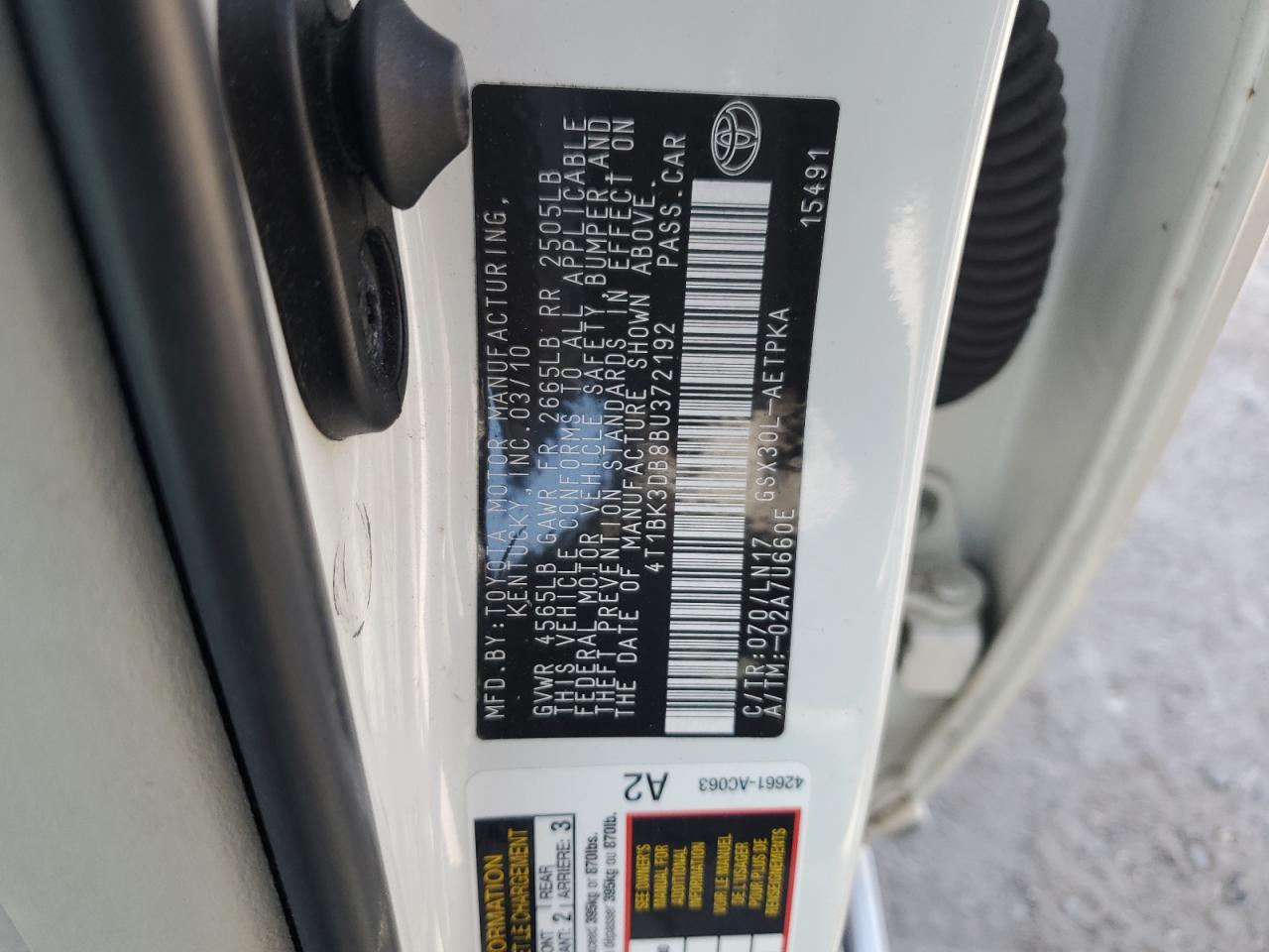 2011 Toyota Avalon Base VIN: 4T1BK3DB8BU372192 Lot: 53129635