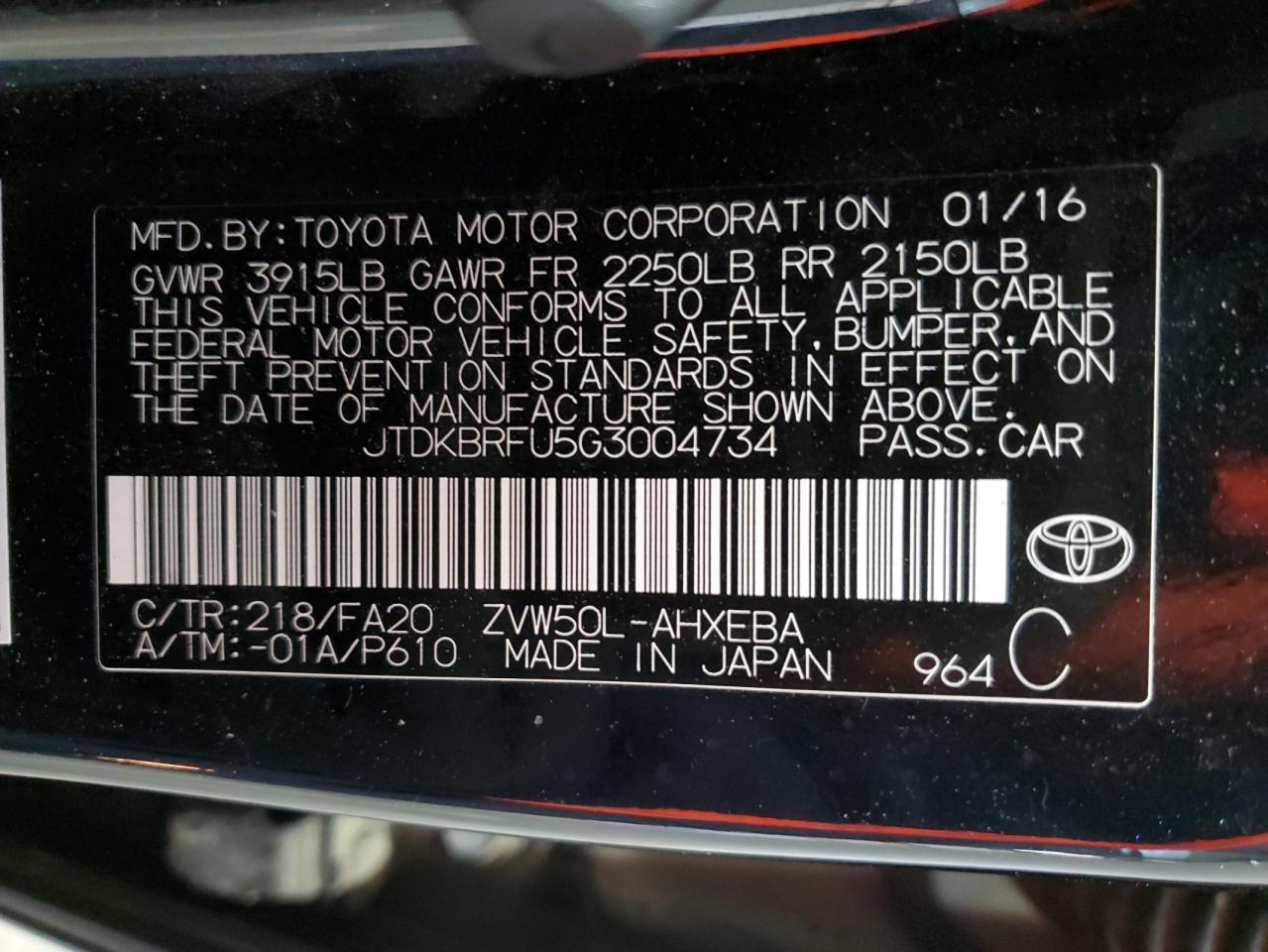 JTDKBRFU5G3004734 TOYOTA PRIUS 2016
