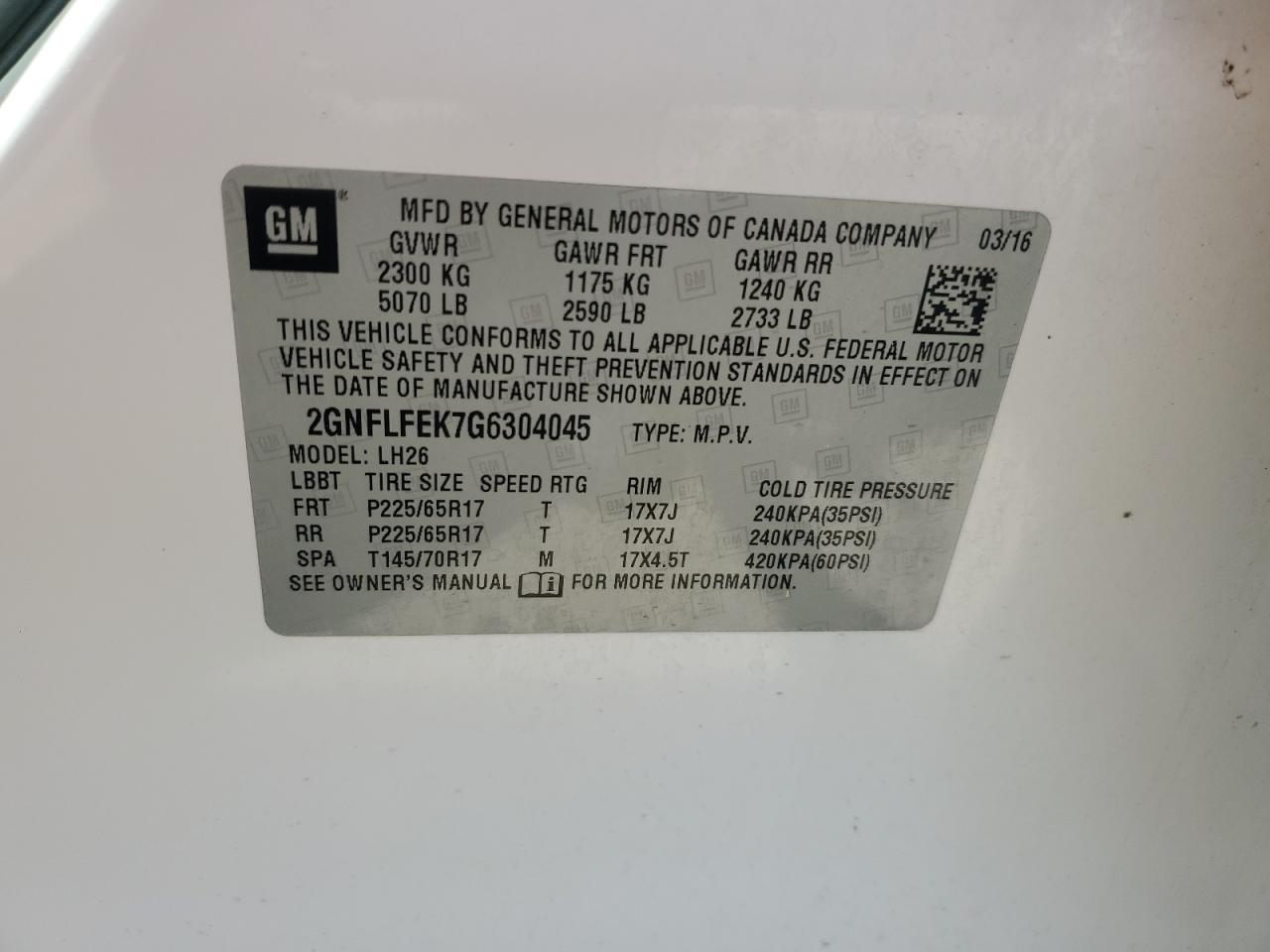 2GNFLFEK7G6304045 CHEVROLET EQUINOX 2016