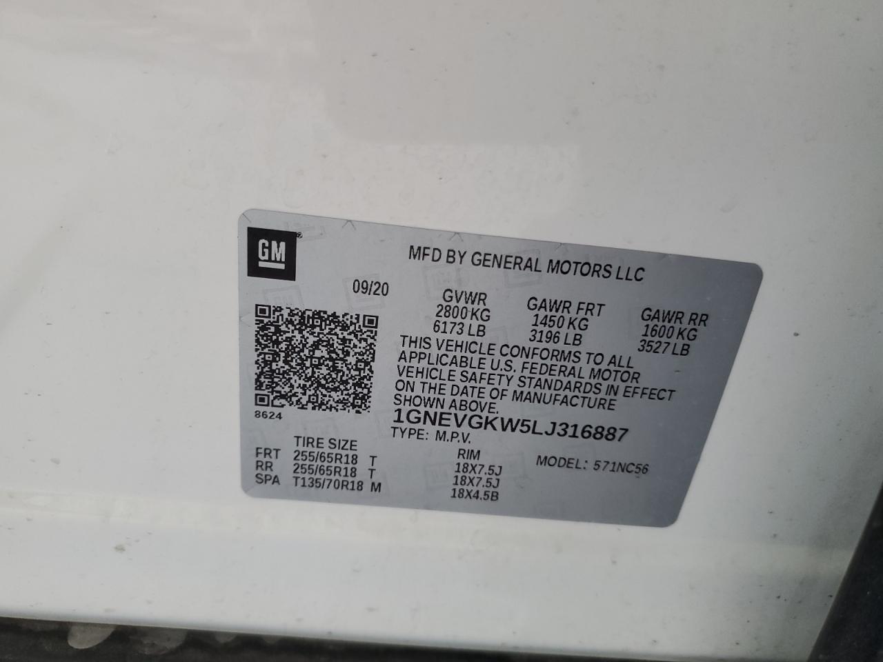 1GNEVGKW5LJ316887 CHEVROLET TRAVERSE 2020