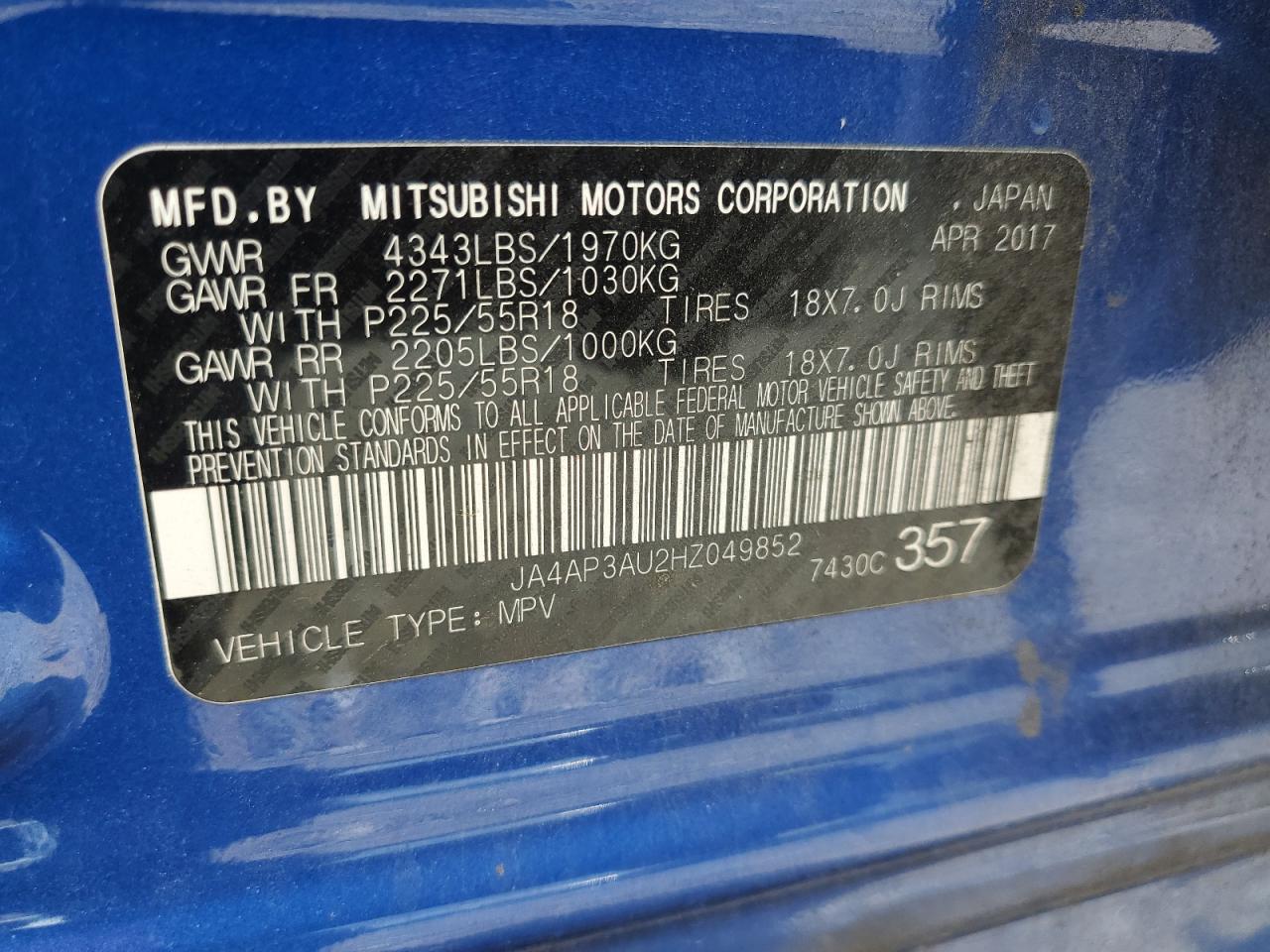 2017 Mitsubishi Outlander Sport Es VIN: JA4AP3AU2HZ049852 Lot: 51135815