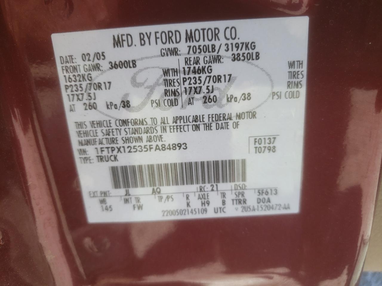 2005 Ford F150 VIN: 1FTPX12535FA84893 Lot: 51248115
