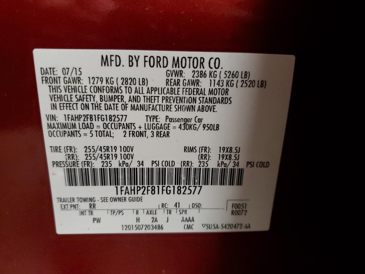 2015 Ford Taurus Limited VIN: 1FAHP2F81FG182577 Lot: 52828795