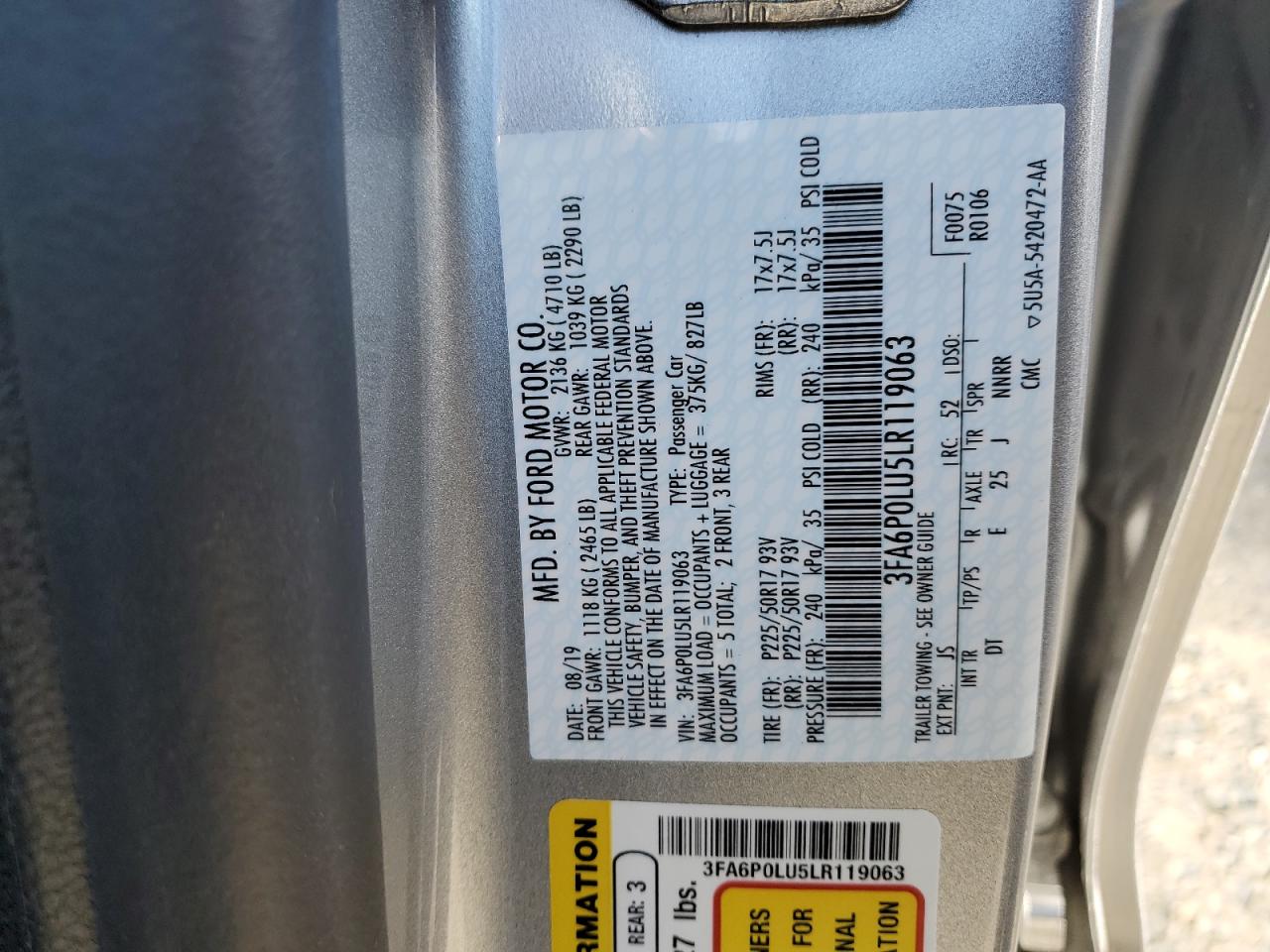 2020 Ford Fusion Se VIN: 3FA6P0LU5LR119063 Lot: 54066195