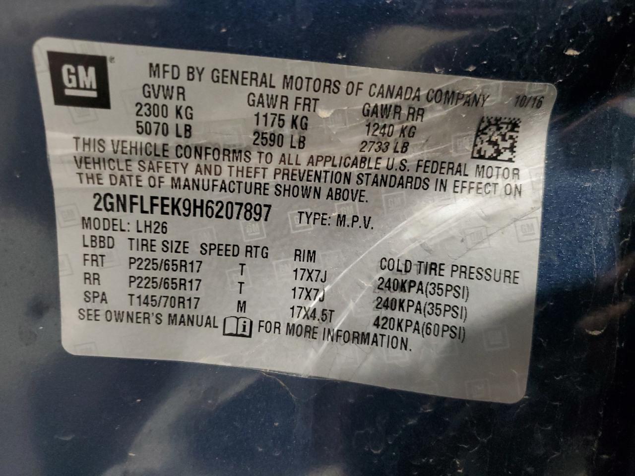 2GNFLFEK9H6207897 CHEVROLET EQUINOX 2017