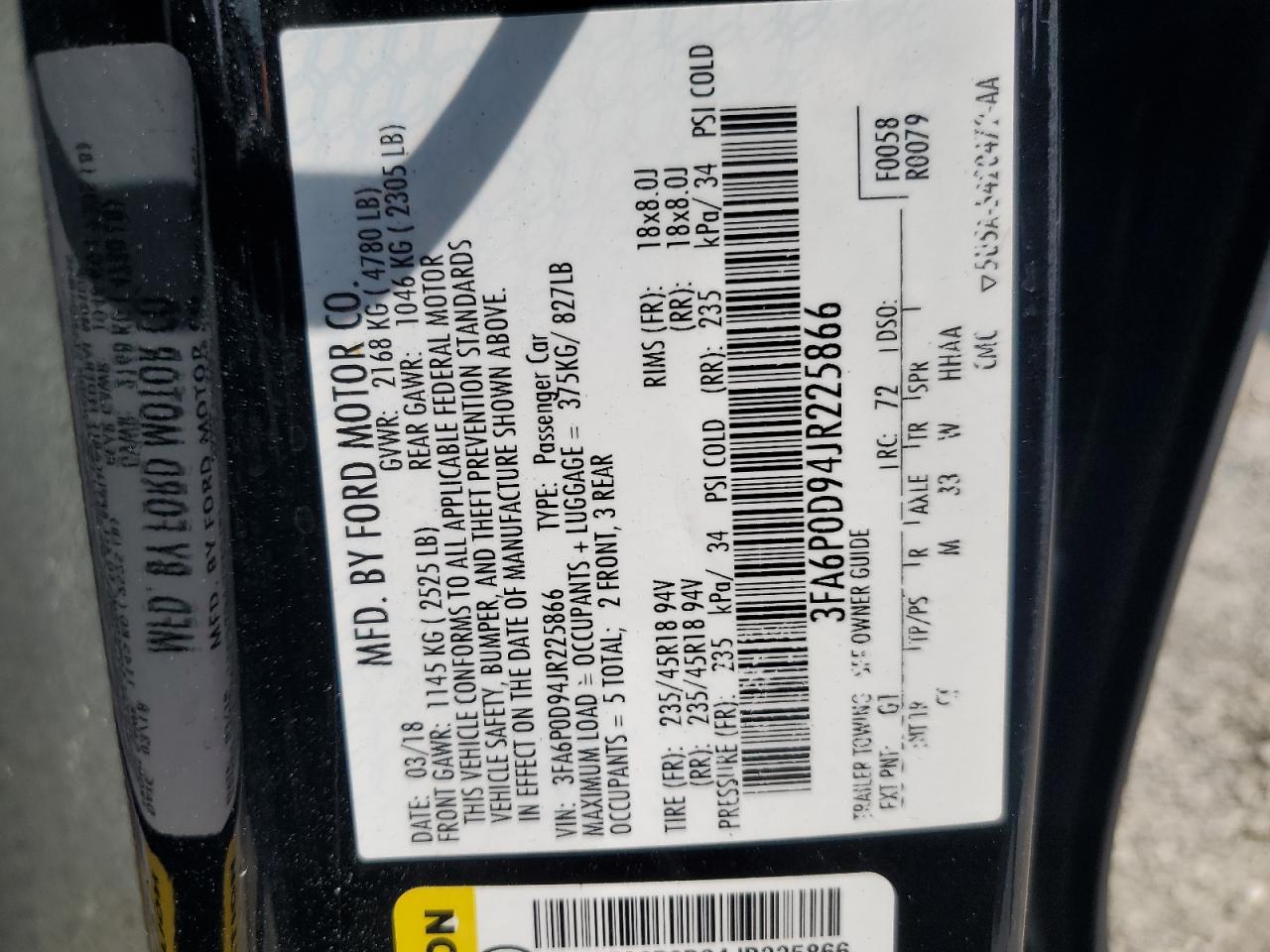 VIN: 3FA6P0D94JR225866 2018 FORD FUSION
