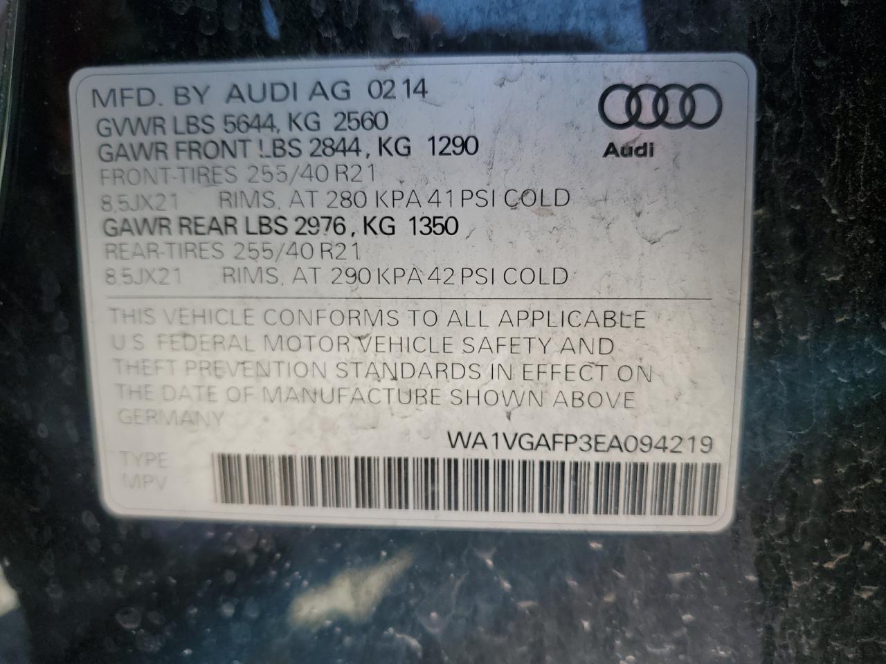 2014 Audi Sq5 Prestige VIN: WA1VGAFP3EA094219 Lot: 53714945