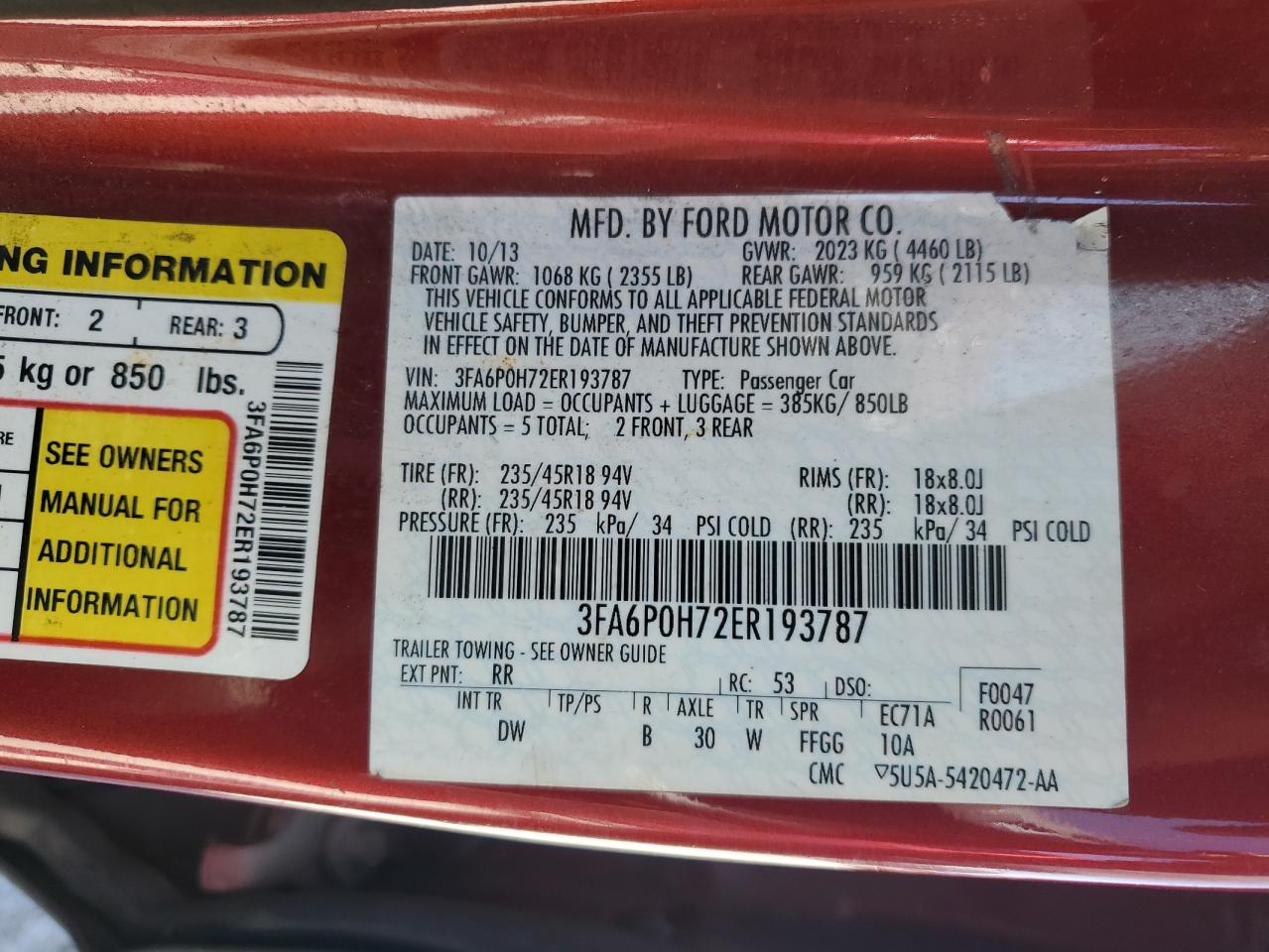 2014 Ford Fusion Se VIN: 3FA6P0H72ER193787 Lot: 52873275