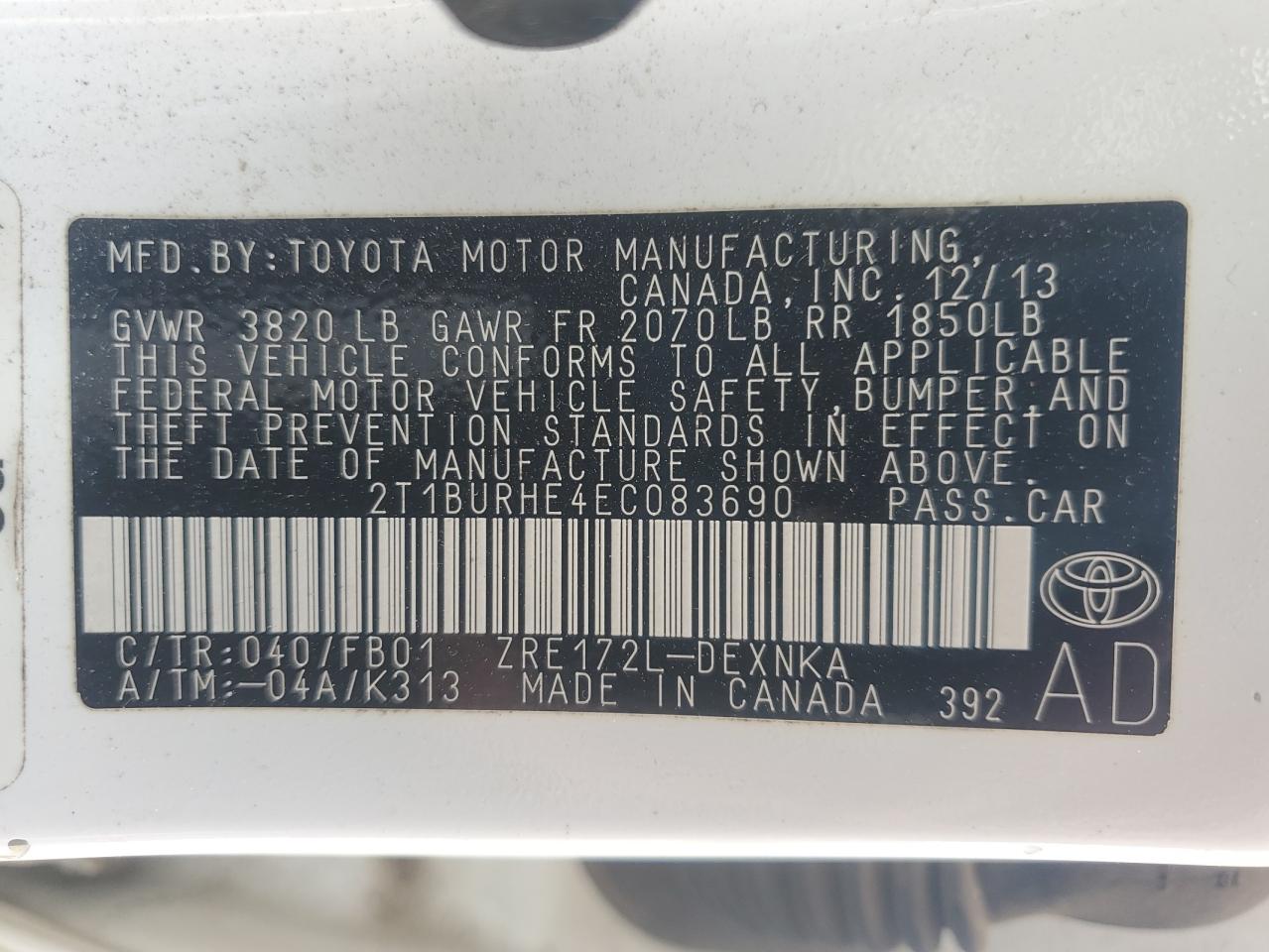 2014 Toyota Corolla L VIN: 2T1BURHE4EC083690 Lot: 55086585