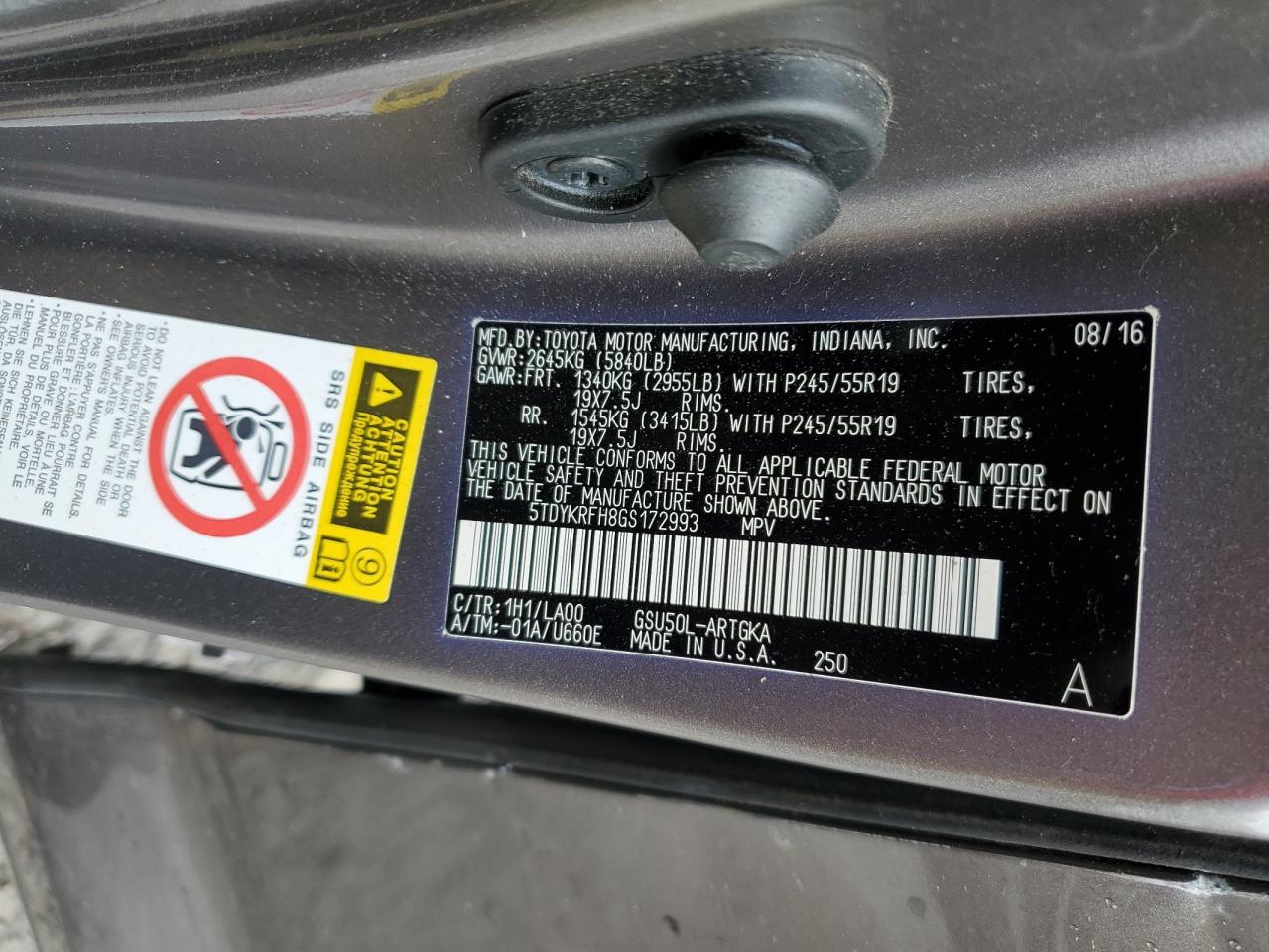 5TDYKRFH8GS172993 TOYOTA HIGHLANDER 2016