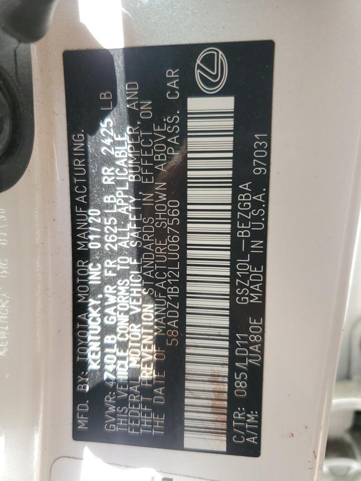 2020 Lexus Es 350 VIN: 58ADZ1B12LU067560 Lot: 53786105
