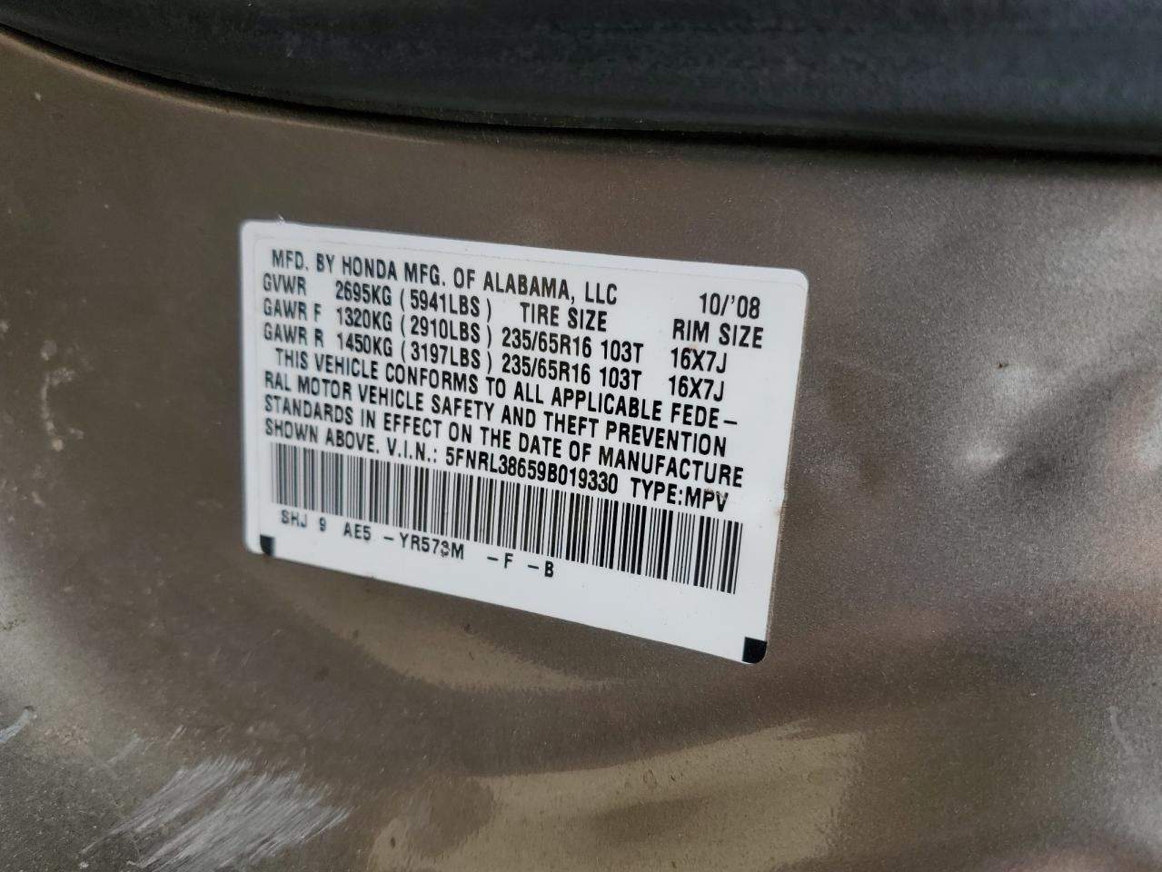 2009 Honda Odyssey Exl VIN: 5FNRL38659B019330 Lot: 52732935