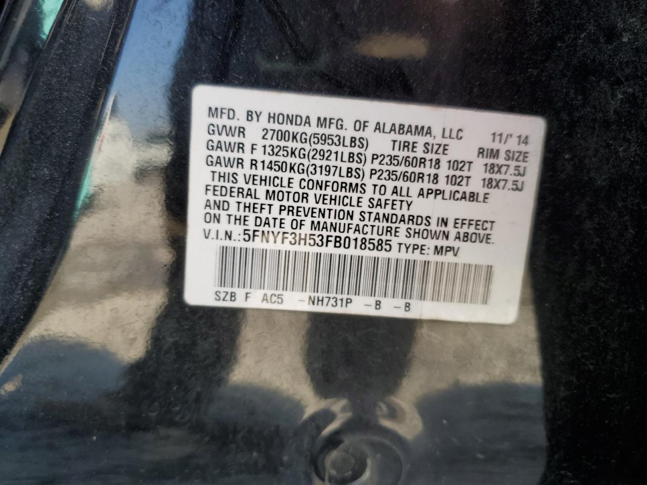 2015 Honda Pilot Exl VIN: 5FNYF3H53FB018585 Lot: 54705205