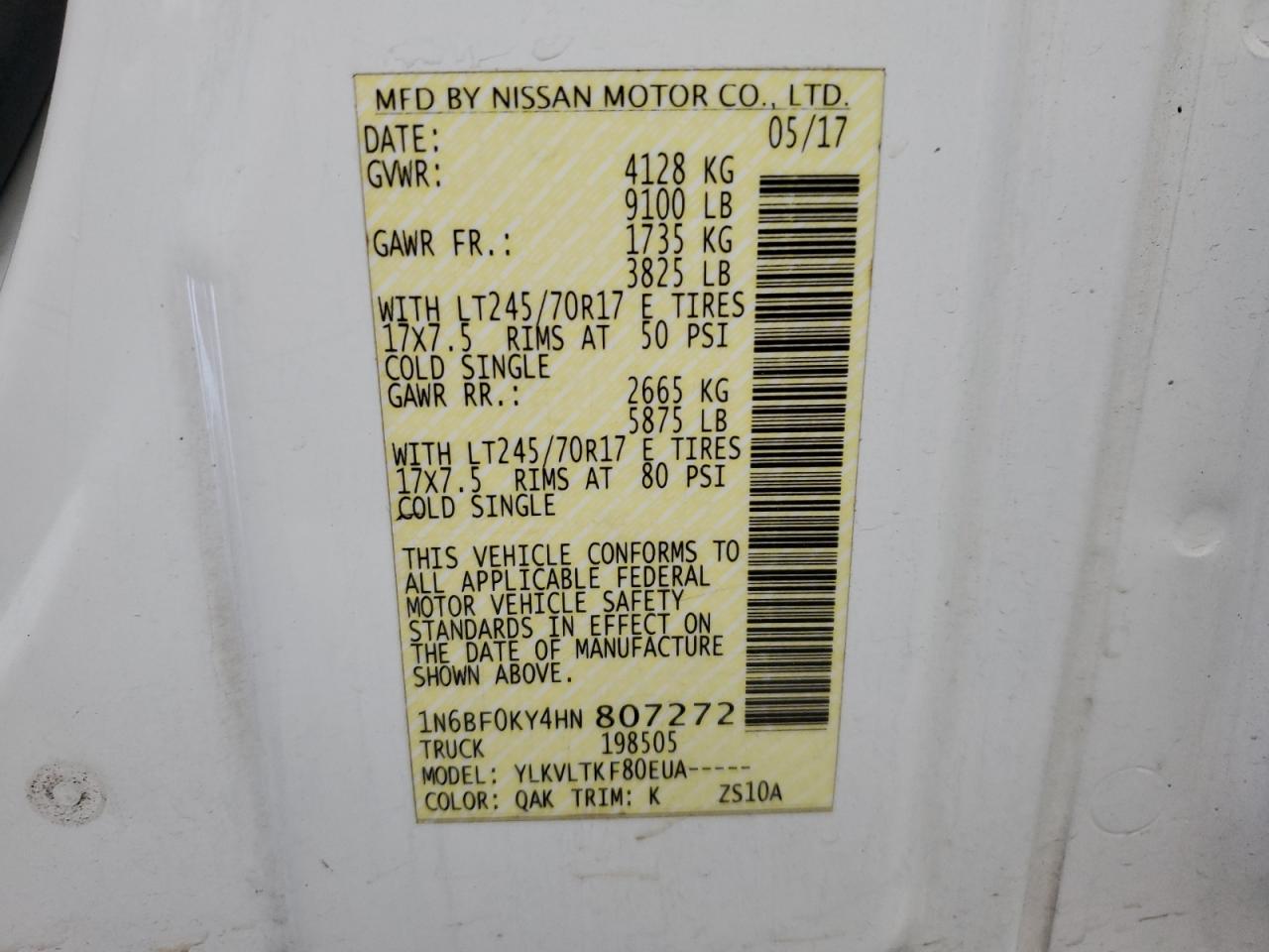 1N6BF0KY4HN807272 NISSAN NV 2017