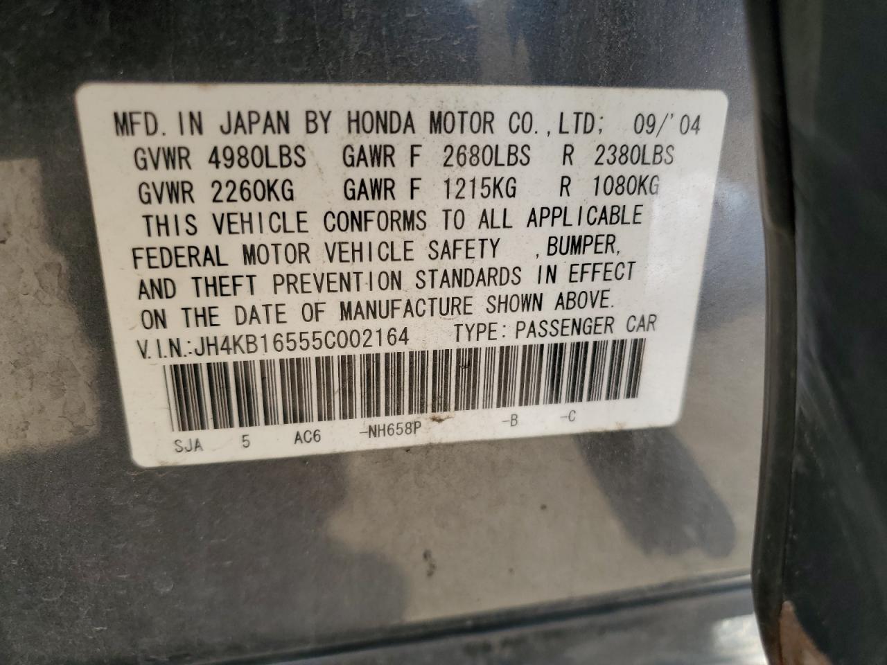 2005 Acura Rl VIN: JH4KB16555C002164 Lot: 54937525