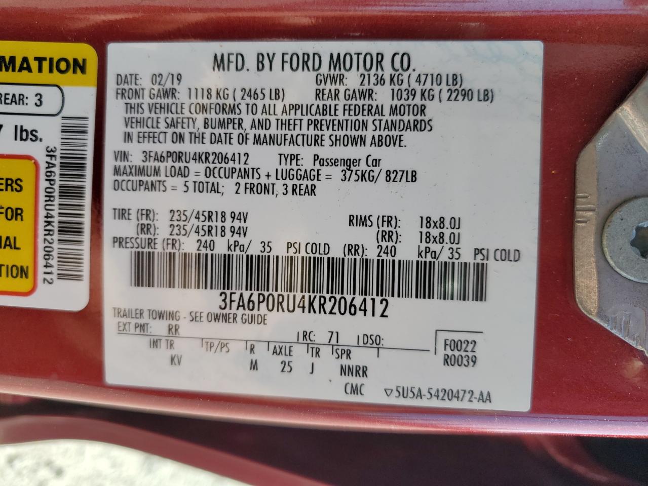 2019 Ford Fusion Titanium VIN: 3FA6P0RU4KR206412 Lot: 53191075