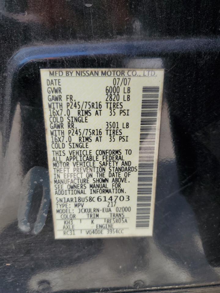 2008 Nissan Pathfinder S VIN: 5N1AR18U58C614703 Lot: 53090805