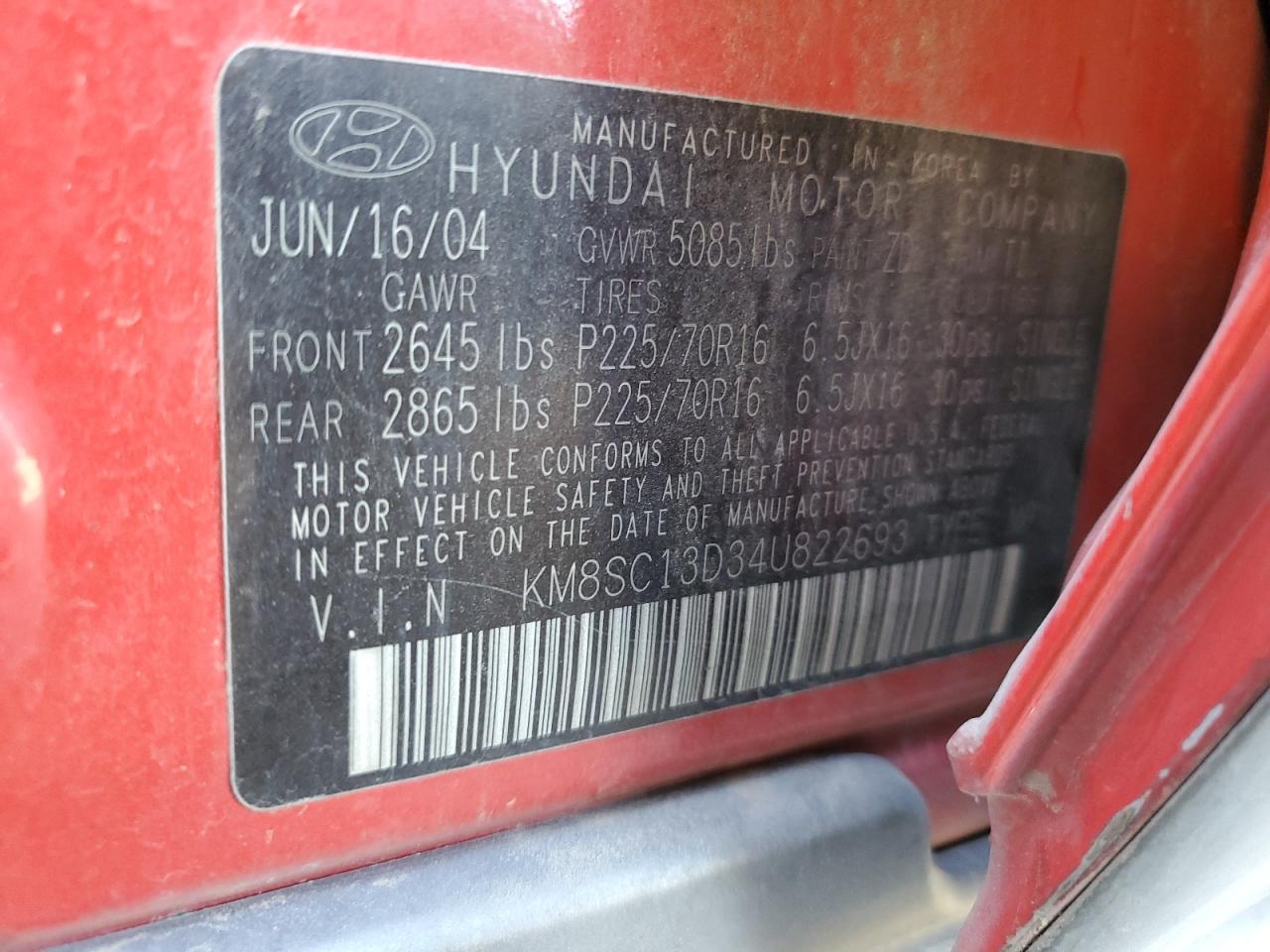2004 Hyundai Santa Fe Gls VIN: KM8SC13D34U822693 Lot: 52459065