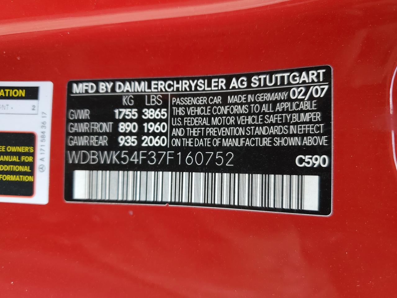 2007 Mercedes-Benz Slk 280 VIN: WDBWK54F37F160752 Lot: 54986495